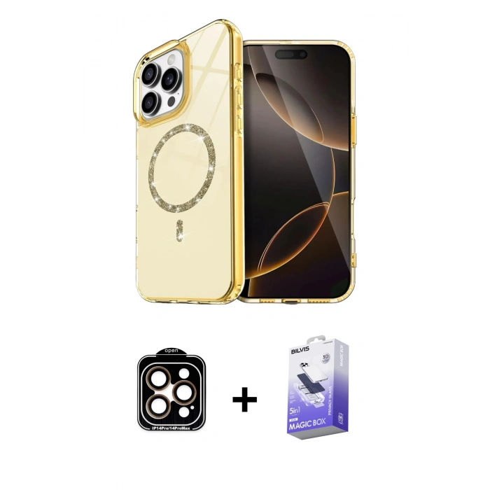 MARSİLYAN™- iPhone 14 Pro Max Kılıf Kıvılcım Form Prime - Siyah Bilvis 5in1 5D Magic Hayalet Cam Ekran Koruyucu + PVD Metal Kamera Lens - TU
