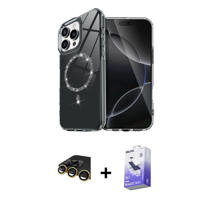 MARSİLYAN™- iPhone 14 Pro Max Kılıf Kıvılcım Form Prime - Siyah Bilvis 5in1 5D Magic Hayalet Cam Ekran Koruyucu + Raze Metal Kamera Lens - GD