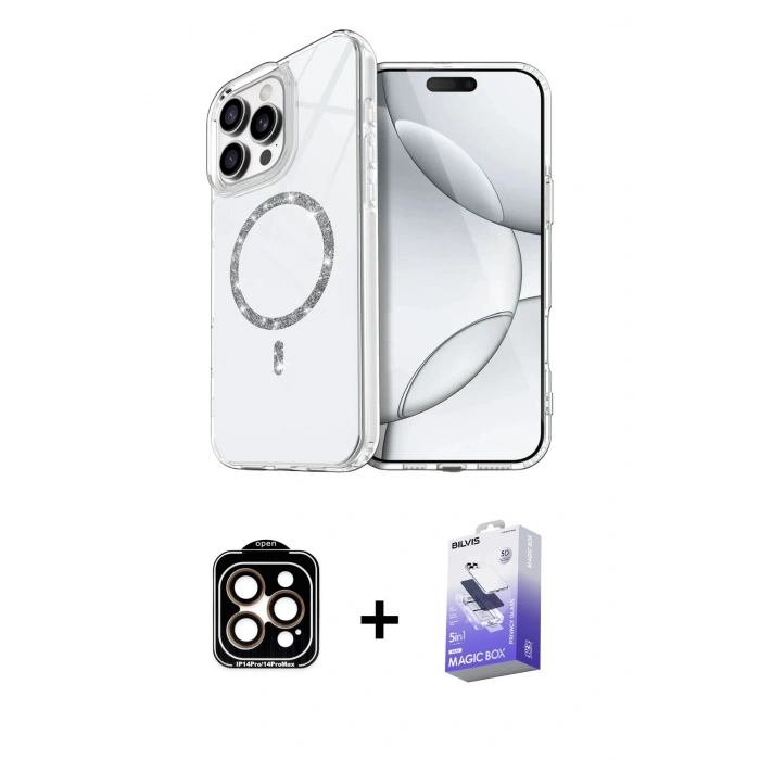 MARSİLYAN™- iPhone 14 Pro Max Kılıf Kıvılcım Form Prime - Siyah Bilvis 5in1 5D Magic Hayalet Cam Ekran Koruyucu + PVD Metal Kamera Lens - TU