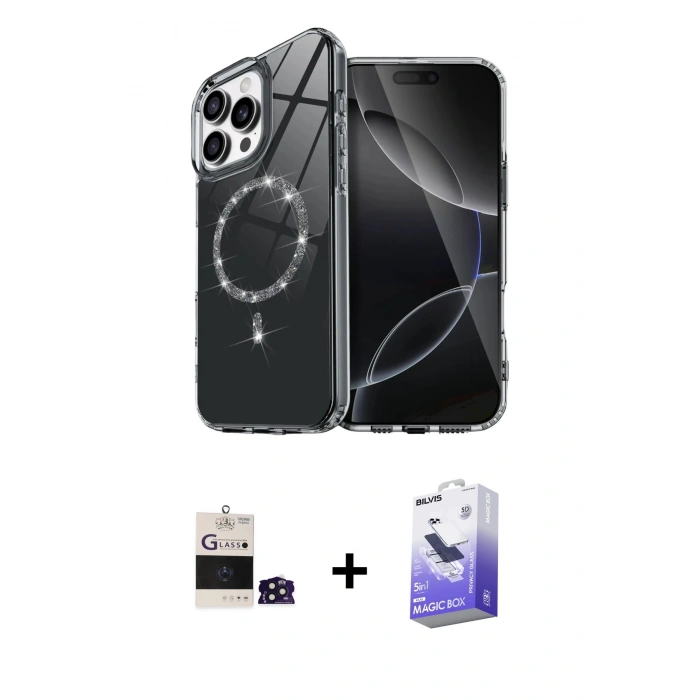 MARSİLYAN™- iPhone 14 Pro Max Kılıf Kıvılcım Form Prime - Siyah Bilvis 5in1 5D Magic Hayalet Cam Ekran Koruyucu + Derin Mor Bilvis Titan Kamera Lens