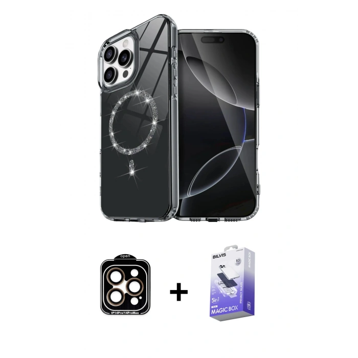 MARSİLYAN™- iPhone 14 Pro Max Kılıf Kıvılcım Form Prime - Siyah Bilvis 5in1 5D Magic Hayalet Cam Ekran Koruyucu + PVD Metal Kamera Lens - TU