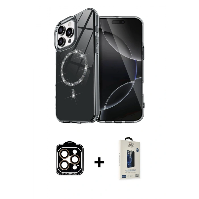 MARSİLYAN™- iPhone 14 Pro Max Kılıf Kıvılcım Form Prime - Siyah Bilvis Hayalet Cam Ekran Koruyucu + Turuncu PVD Metal Kamera Lens