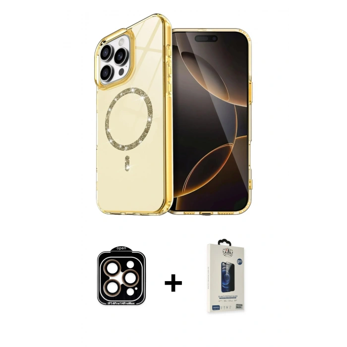 MARSİLYAN™- iPhone 14 Pro Max Kılıf Kıvılcım Form Prime - Siyah Bilvis Hayalet Cam Ekran Koruyucu + Turuncu PVD Metal Kamera Lens