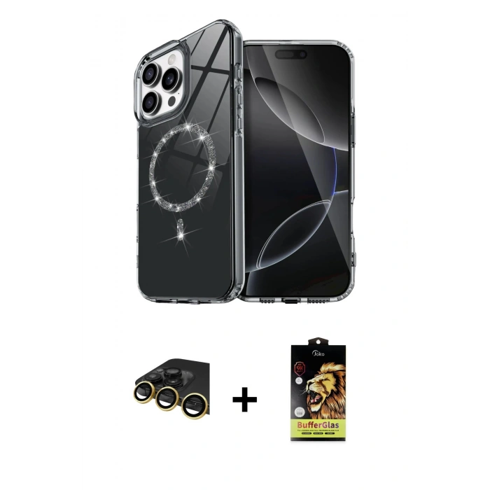 MARSİLYAN™- iPhone 14 Pro Max Kılıf Kıvılcım Form Prime - Siyah Buffer Cam Ekran Koruyucu + Raze Metal Kamera Lens - GD