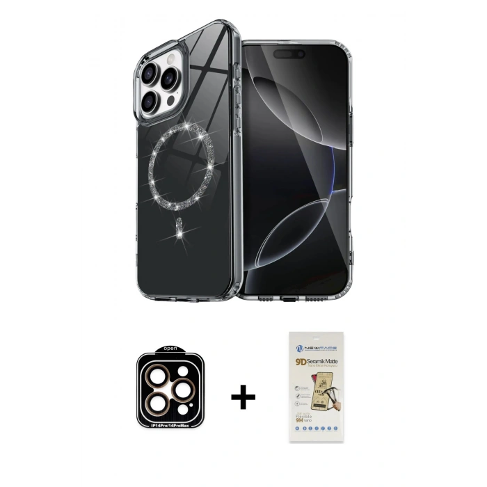 MARSİLYAN™- iPhone 14 Pro Max Kılıf Kıvılcım Form Prime - Siyah Mat Seramik Nano Ekran Koruyucu + PVD Metal Kamera Lens - TU