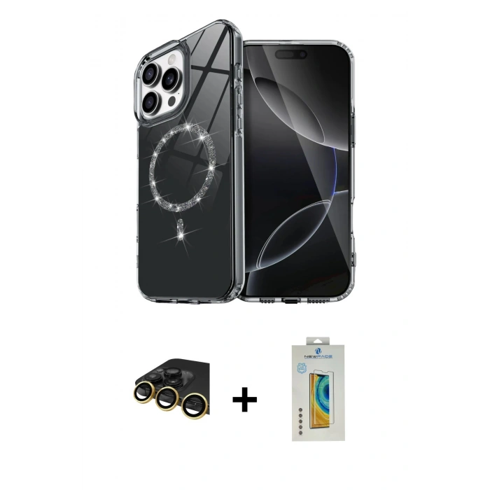 MARSİLYAN™- iPhone 14 Pro Max Kılıf Kıvılcım Form Prime - Siyah Polymer Nano Ekran Koruyucu + Gold Raze Metal Kamera Lens