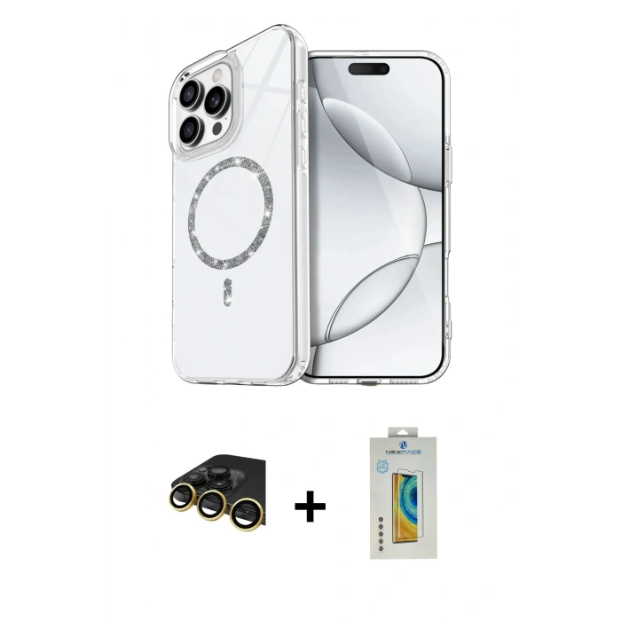 MARSİLYAN™- iPhone 14 Pro Max Kılıf Kıvılcım Form Prime - Siyah Polymer Nano Ekran Koruyucu + Gold Raze Metal Kamera Lens