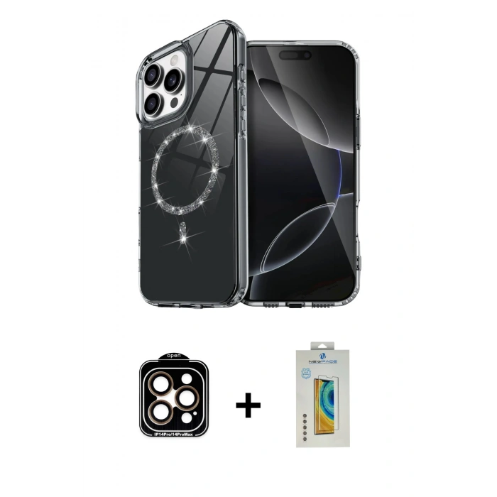 MARSİLYAN™- iPhone 14 Pro Max Kılıf Kıvılcım Form Prime - Siyah Polymer Nano Ekran Koruyucu + PVD Metal Kamera Lens - TU