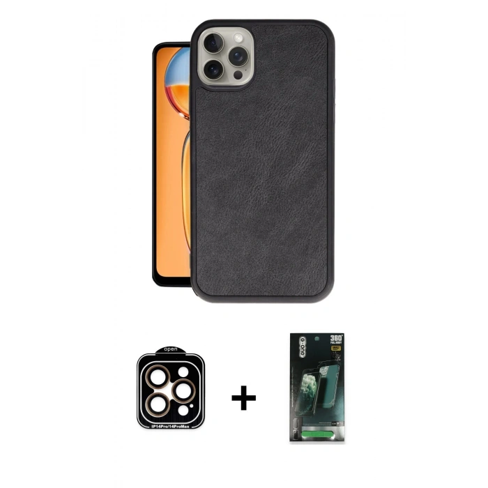 MARSİLYAN™- iPhone 14 Pro Max Kılıf Kıvılcım Işık Serisi - Siyah 360 Mat Full Body Arka Koruyucu + PVD Metal Kamera Lens - TU