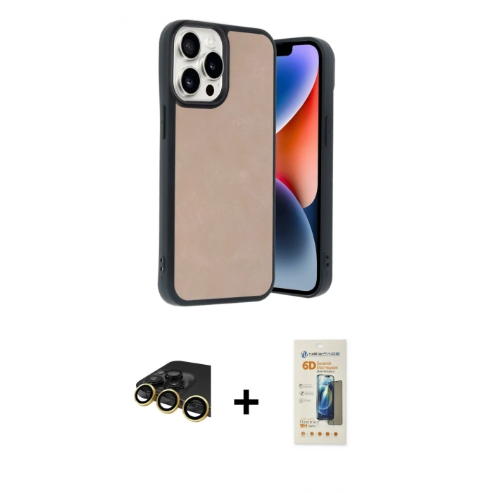MARSİLYAN™- iPhone 14 Pro Max Kılıf Kıvılcım Işık Serisi - Siyah 6D Mat Seramik Hayalet Nano Ekran Koruyucu + Gold Raze Metal Kamera Lens