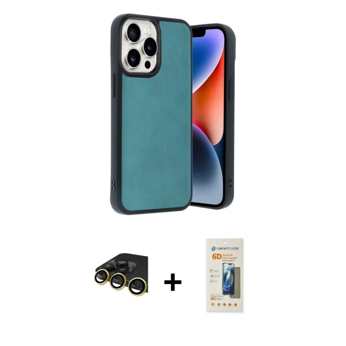 MARSİLYAN™- iPhone 14 Pro Max Kılıf Kıvılcım Işık Serisi - Siyah 6D Mat Seramik Hayalet Nano Ekran Koruyucu + Gold Raze Metal Kamera Lens
