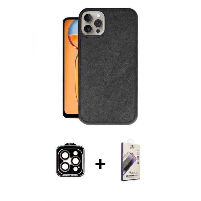 MARSİLYAN™- iPhone 14 Pro Max Kılıf Kıvılcım Işık Serisi - Siyah Bilvis 3D Mat Cam Ekran Koruyucu + PVD Metal Kamera Lens - TU