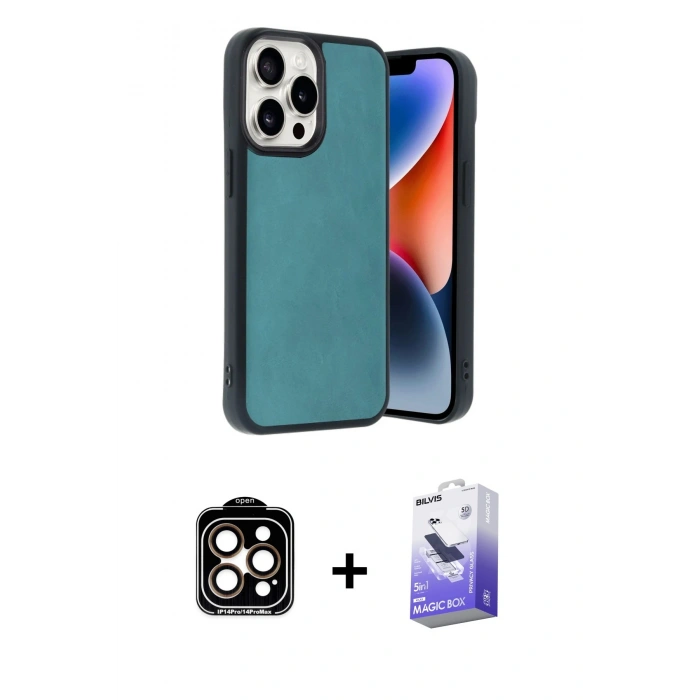 MARSİLYAN™- iPhone 14 Pro Max Kılıf Kıvılcım Işık Serisi - Siyah Bilvis 5in1 5D Magic Hayalet Cam Ekran Koruyucu + Turuncu PVD Metal Kamera Lens