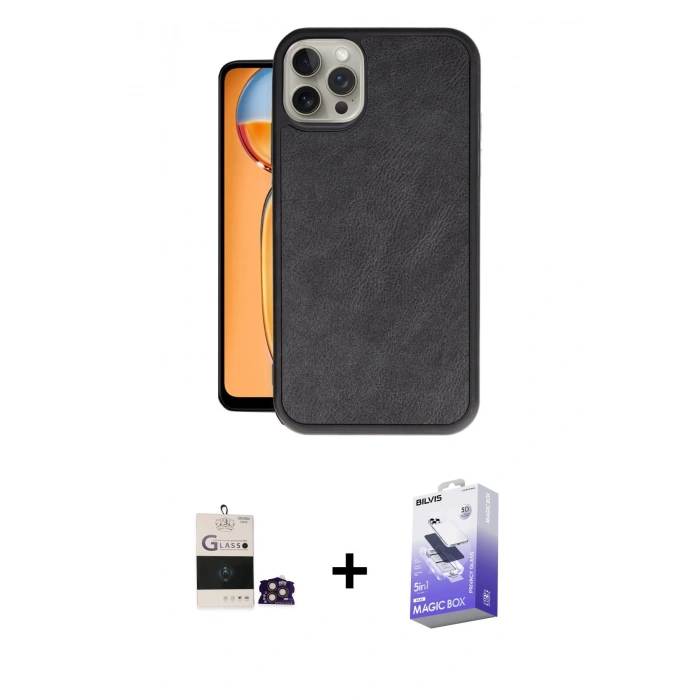 MARSİLYAN™- iPhone 14 Pro Max Kılıf Kıvılcım Işık Serisi - Siyah Bilvis 5in1 5D Magic Hayalet Cam Ekran Koruyucu + Gold Bilvis Titan Kamera Lens