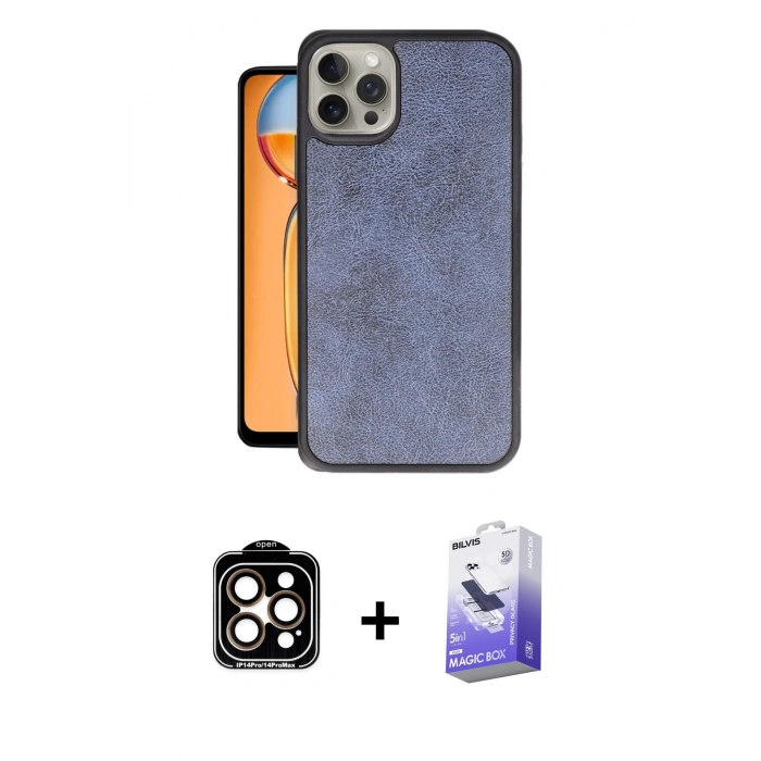 MARSİLYAN™- iPhone 14 Pro Max Kılıf Kıvılcım Işık Serisi - Siyah Bilvis 5in1 5D Magic Hayalet Cam Ekran Koruyucu + Turuncu PVD Metal Kamera Lens