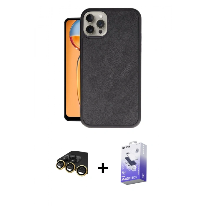 MARSİLYAN™- iPhone 14 Pro Max Kılıf Kıvılcım Işık Serisi - Siyah Bilvis 5in1 5D Magic Hayalet Cam Ekran Koruyucu + Raze Metal Kamera Lens - GD