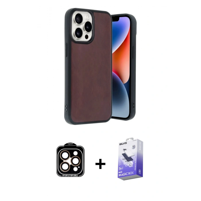 MARSİLYAN™- iPhone 14 Pro Max Kılıf Kıvılcım Işık Serisi - Siyah Bilvis 5in1 5D Magic Hayalet Cam Ekran Koruyucu + Turuncu PVD Metal Kamera Lens
