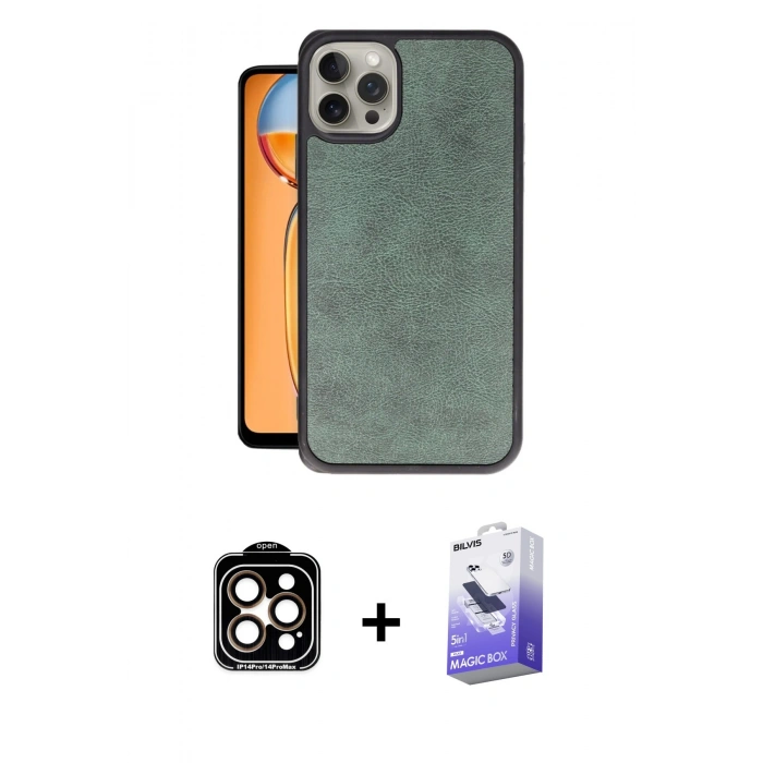 MARSİLYAN™- iPhone 14 Pro Max Kılıf Kıvılcım Işık Serisi - Siyah Bilvis 5in1 5D Magic Hayalet Cam Ekran Koruyucu + Turuncu PVD Metal Kamera Lens