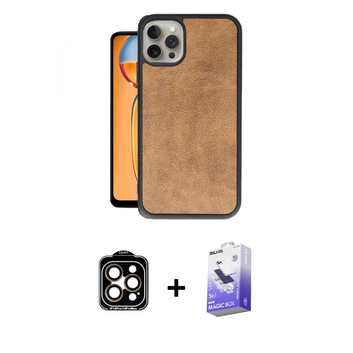 MARSİLYAN™- iPhone 14 Pro Max Kılıf Kıvılcım Işık Serisi - Siyah Bilvis 5in1 5D Magic Hayalet Cam Ekran Koruyucu + Turuncu PVD Metal Kamera Lens