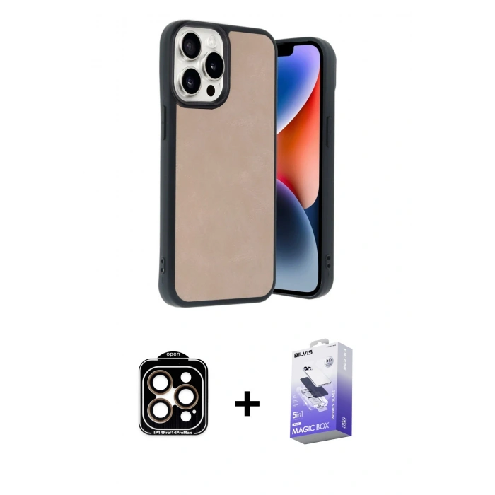 MARSİLYAN™- iPhone 14 Pro Max Kılıf Kıvılcım Işık Serisi - Siyah Bilvis 5in1 5D Magic Hayalet Cam Ekran Koruyucu + Turuncu PVD Metal Kamera Lens
