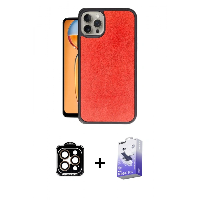 MARSİLYAN™- iPhone 14 Pro Max Kılıf Kıvılcım Işık Serisi - Siyah Bilvis 5in1 5D Magic Hayalet Cam Ekran Koruyucu + Turuncu PVD Metal Kamera Lens
