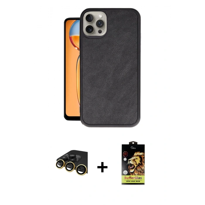MARSİLYAN™- iPhone 14 Pro Max Kılıf Kıvılcım Işık Serisi - Siyah Buffer Cam Ekran Koruyucu + Gold Raze Metal Kamera Lens