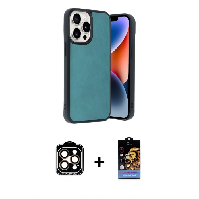 MARSİLYAN™- iPhone 14 Pro Max Kılıf Kıvılcım Işık Serisi - Siyah Buffer Hayalet Cam Ekran Koruyucu + PVD Metal Kamera Lens - TU