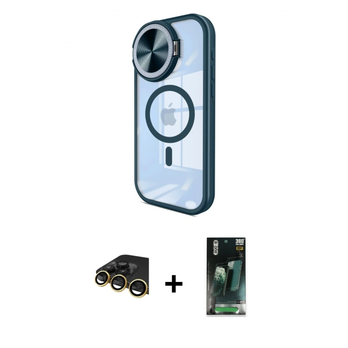 MARSİLYAN™- iPhone 14 Pro Max Kılıf Kıvılcım Modern Koleksiyonu - Şeffaf 360 Full Body Arka Koruyucu + Gold Raze Metal Kamera Lens