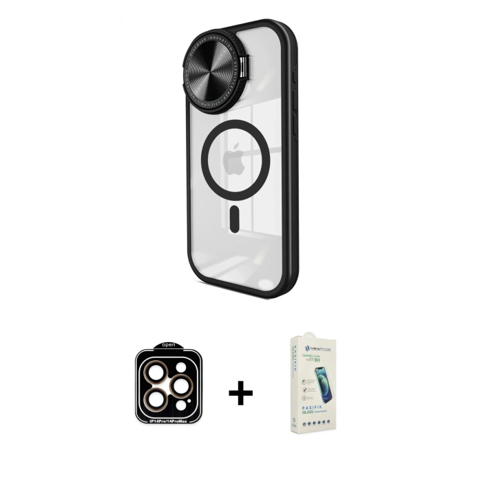 MARSİLYAN™- iPhone 14 Pro Max Kılıf Kıvılcım Modern Koleksiyonu - Şeffaf Pasifik Cam Ekran Koruyucu + Turuncu PVD Metal Kamera Lens