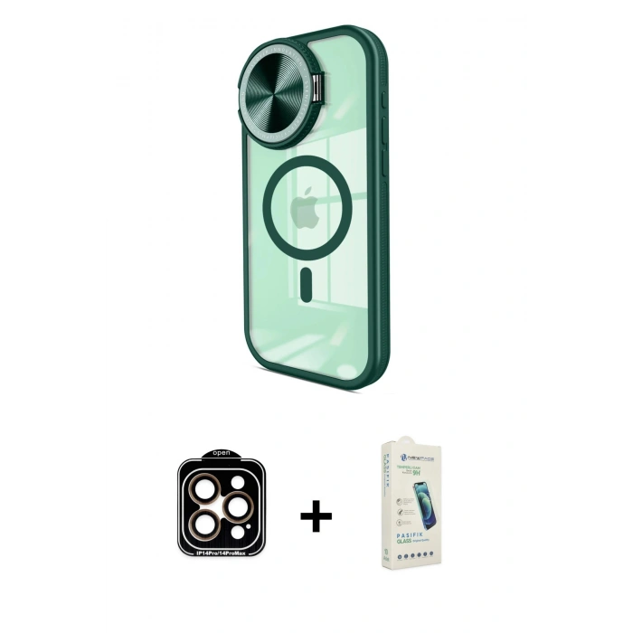 MARSİLYAN™- iPhone 14 Pro Max Kılıf Kıvılcım Modern Koleksiyonu - Şeffaf Pasifik Cam Ekran Koruyucu + Turuncu PVD Metal Kamera Lens