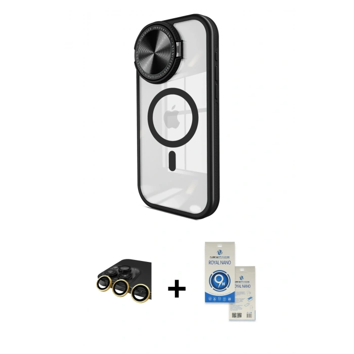 MARSİLYAN™- iPhone 14 Pro Max Kılıf Kıvılcım Modern Koleksiyonu - Şeffaf Royal Nano Ekran Koruyucu + Gold Raze Metal Kamera Lens
