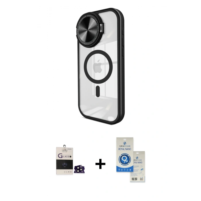 MARSİLYAN™- iPhone 14 Pro Max Kılıf Kıvılcım Modern Koleksiyonu - Şeffaf Royal Nano Ekran Koruyucu + Siyah Bilvis Titan Kamera Lens