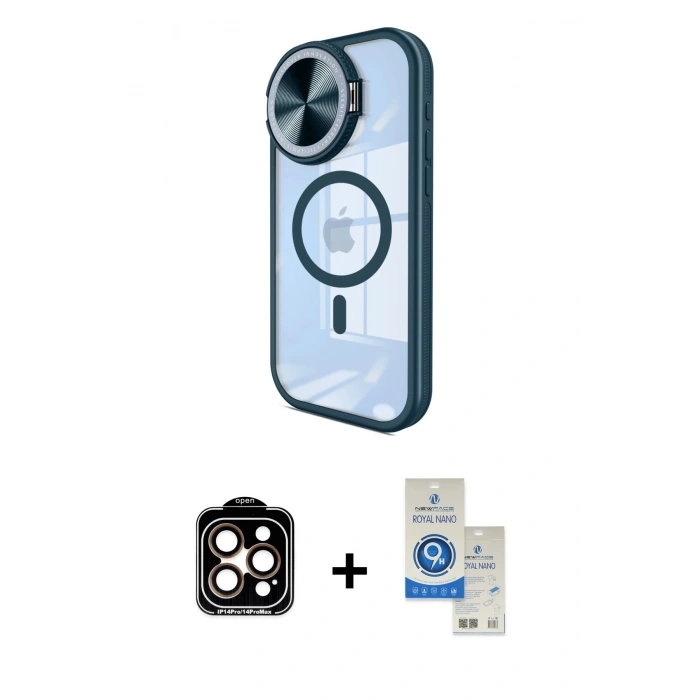 MARSİLYAN™- iPhone 14 Pro Max Kılıf Kıvılcım Modern Koleksiyonu - Şeffaf Royal Nano Ekran Koruyucu + Turuncu PVD Metal Kamera Lens