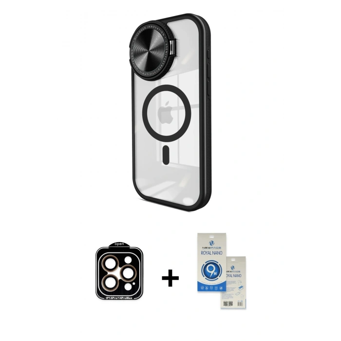 MARSİLYAN™- iPhone 14 Pro Max Kılıf Kıvılcım Modern Koleksiyonu - Şeffaf Royal Nano Ekran Koruyucu + Turuncu PVD Metal Kamera Lens