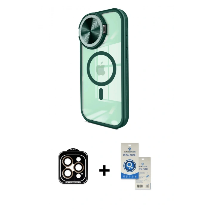MARSİLYAN™- iPhone 14 Pro Max Kılıf Kıvılcım Modern Koleksiyonu - Şeffaf Royal Nano Ekran Koruyucu + Turuncu PVD Metal Kamera Lens