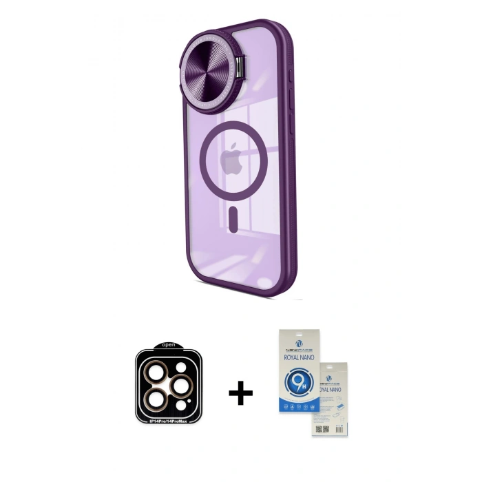 MARSİLYAN™- iPhone 14 Pro Max Kılıf Kıvılcım Modern Koleksiyonu - Şeffaf Royal Nano Ekran Koruyucu + Turuncu PVD Metal Kamera Lens