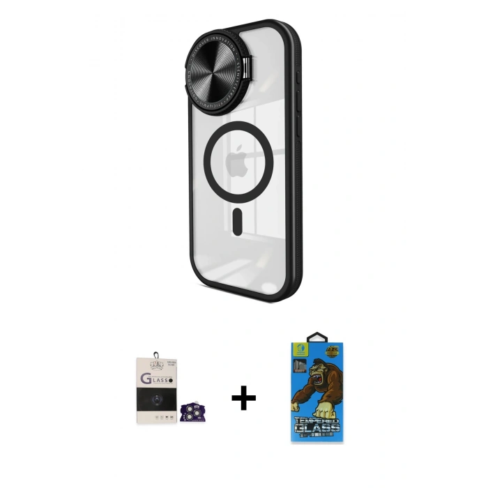 MARSİLYAN™- iPhone 14 Pro Max Kılıf Kıvılcım Modern Koleksiyonu - Siyah 18D Cam Ekran Koruyucu + Gümüş Bilvis Titan Kamera Lens