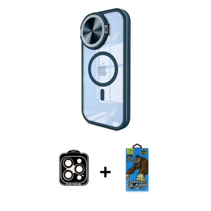 MARSİLYAN™- iPhone 14 Pro Max Kılıf Kıvılcım Modern Koleksiyonu - Siyah 18D Cam Ekran Koruyucu + PVD Metal Kamera Lens - TU