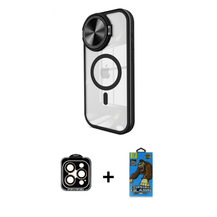 MARSİLYAN™- iPhone 14 Pro Max Kılıf Kıvılcım Modern Koleksiyonu - Siyah 18D Cam Ekran Koruyucu + PVD Metal Kamera Lens - TU