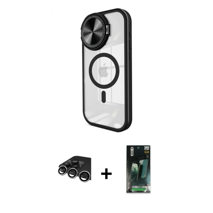 MARSİLYAN™- iPhone 14 Pro Max Kılıf Kıvılcım Modern Koleksiyonu - Siyah 360 Mat Full Body Arka Koruyucu + Raze Metal Kamera Lens - GS