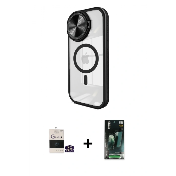 MARSİLYAN™- iPhone 14 Pro Max Kılıf Kıvılcım Modern Koleksiyonu - Siyah 360 Mat Full Body Arka Koruyucu + Bilvis Titan Kamera Lens - GD