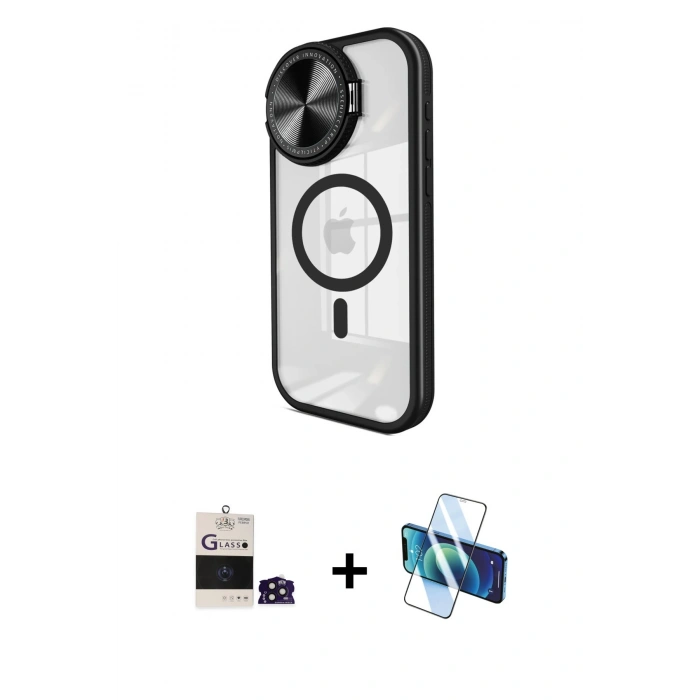 MARSİLYAN™- iPhone 14 Pro Max Kılıf Kıvılcım Modern Koleksiyonu - Siyah 3D Antistatik Cam Ekran Koruyucu + Bilvis Titan Kamera Lens - DNMR