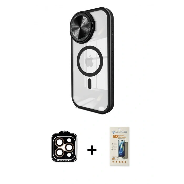 MARSİLYAN™- iPhone 14 Pro Max Kılıf Kıvılcım Modern Koleksiyonu - Siyah 6D Mat Seramik Hayalet Nano Ekran Koruyucu + PVD Metal Kamera Lens - TU