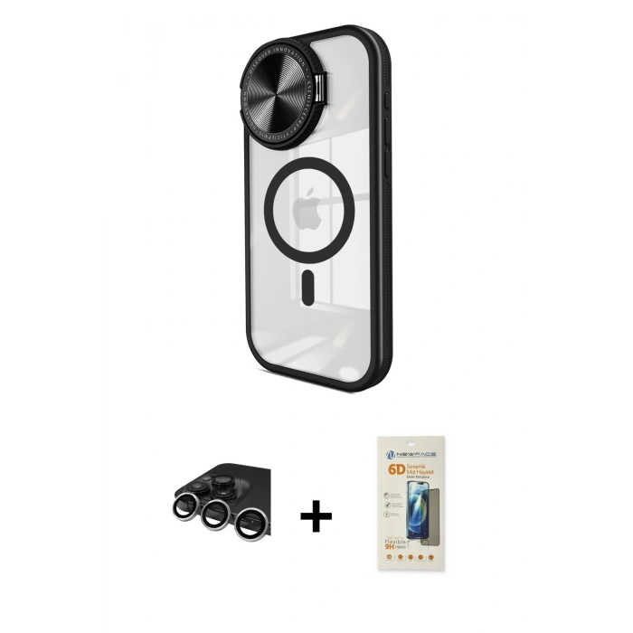 MARSİLYAN™- iPhone 14 Pro Max Kılıf Kıvılcım Modern Koleksiyonu - Siyah 6D Mat Seramik Hayalet Nano Ekran Koruyucu + Raze Metal Kamera Lens - GS