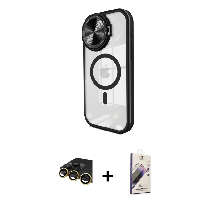 MARSİLYAN™- iPhone 14 Pro Max Kılıf Kıvılcım Modern Koleksiyonu - Siyah Bilvis 3D Mat Cam Ekran Koruyucu + Raze Metal Kamera Lens - GD