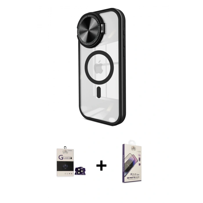 MARSİLYAN™- iPhone 14 Pro Max Kılıf Kıvılcım Modern Koleksiyonu - Siyah Bilvis 3D Mat Cam Ekran Koruyucu + Bilvis Titan Kamera Lens - SH