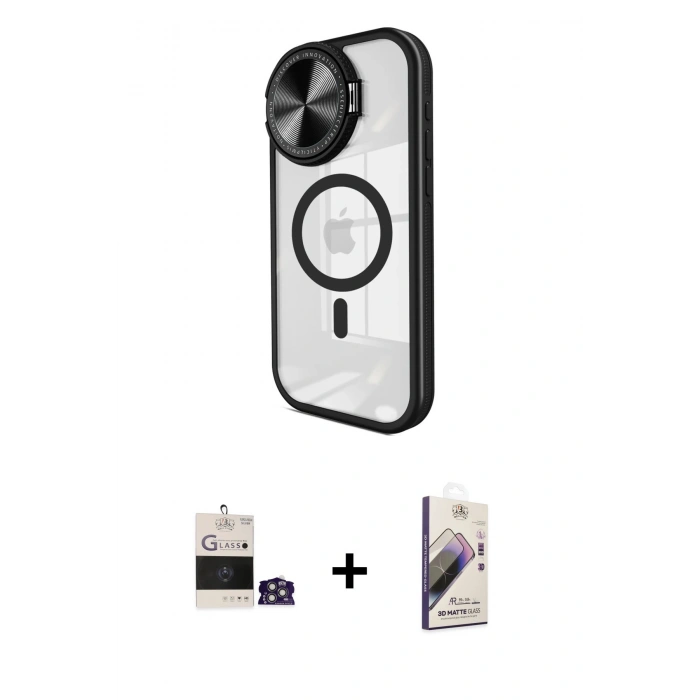 MARSİLYAN™- iPhone 14 Pro Max Kılıf Kıvılcım Modern Koleksiyonu - Siyah Bilvis 3D Mat Cam Ekran Koruyucu + Bilvis Titan Kamera Lens - GS