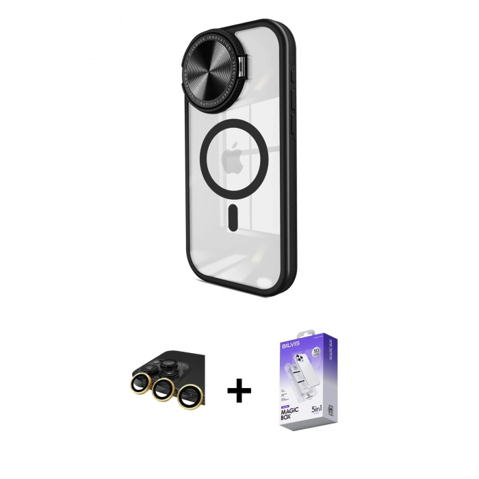 MARSİLYAN™- iPhone 14 Pro Max Kılıf Kıvılcım Modern Koleksiyonu - Siyah Bilvis 5in1 3D Magic Cam Ekran Koruyucu + Raze Metal Kamera Lens - GD