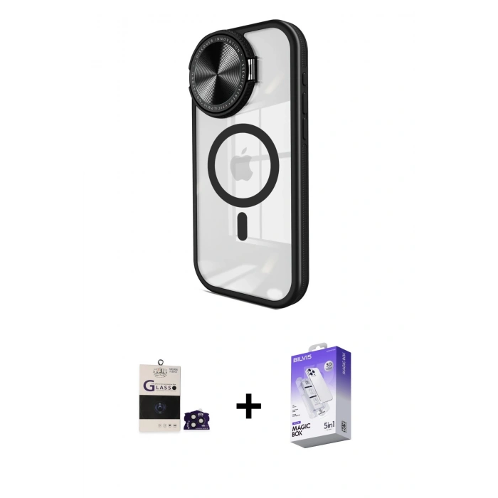 MARSİLYAN™- iPhone 14 Pro Max Kılıf Kıvılcım Modern Koleksiyonu - Siyah Bilvis 5in1 3D Magic Cam Ekran Koruyucu + Derin Mor Bilvis Titan Kamera Lens