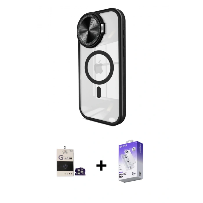 MARSİLYAN™- iPhone 14 Pro Max Kılıf Kıvılcım Modern Koleksiyonu - Siyah Bilvis 5in1 3D Magic Cam Ekran Koruyucu + Bilvis Titan Kamera Lens - GS